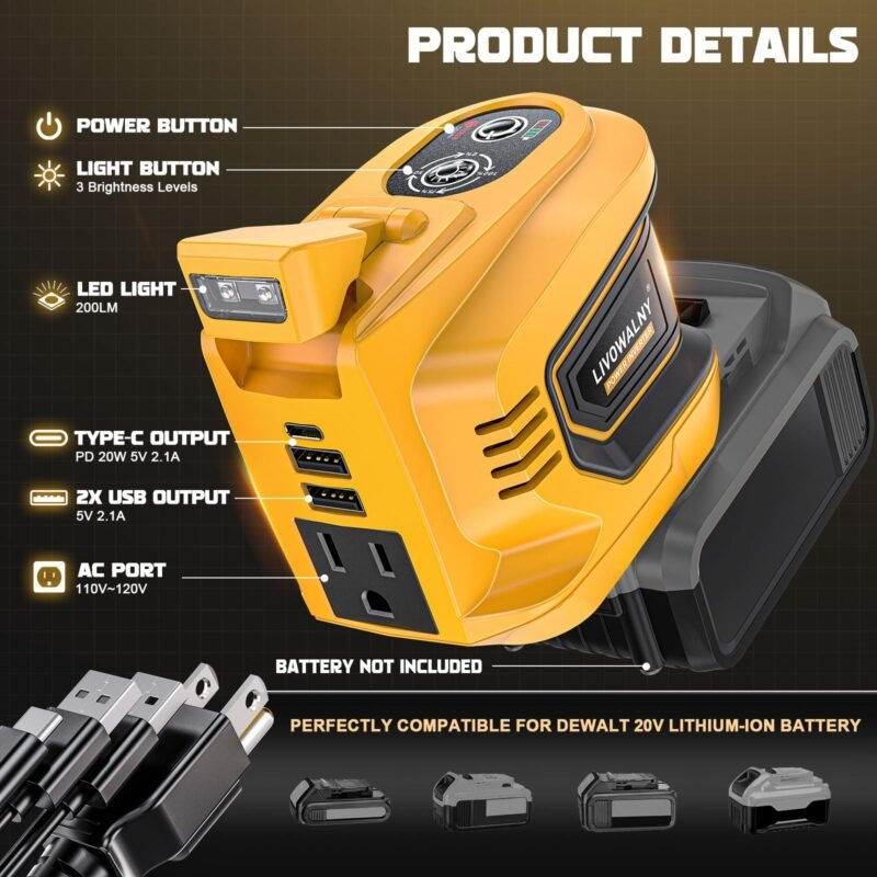 200 W Power Inverter for DEWALT 20 V Batteries – DC 20 V → AC 110 V Pure Sine Wave, Portable Battery-Powered Generator with 1 AC Outlet, 2 USB-A, 1 USB-C & 200 LM LED Work Light - Image 29