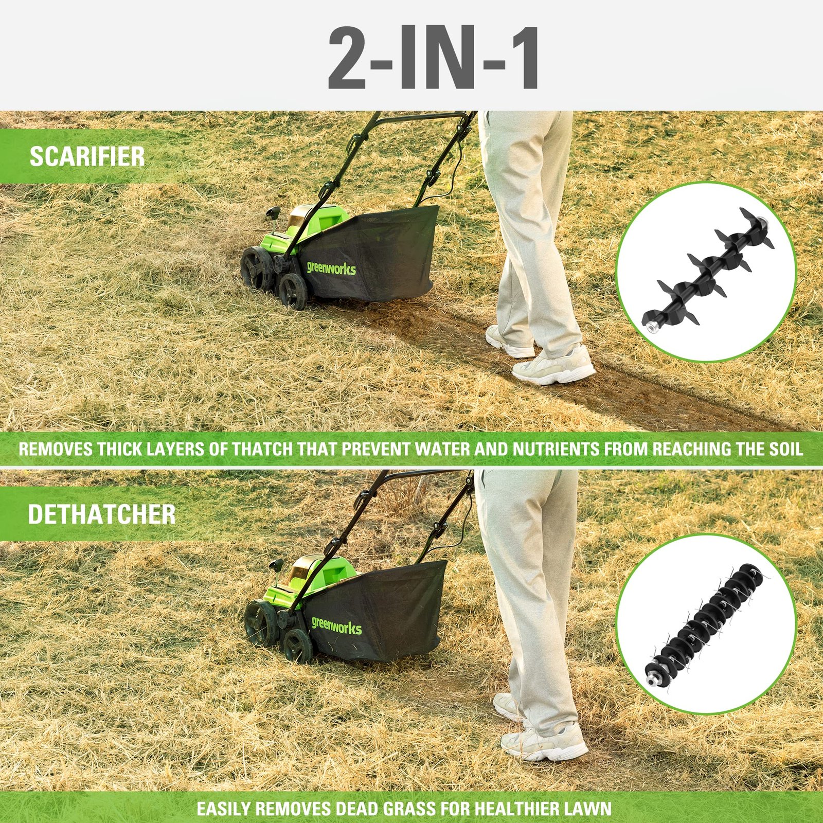 Greenworks 13 Amp Corded Dethatcher & Scarifier – 14″ (35.6 cm) Deck, 5-Position Depth (DT13B00) - Image 28